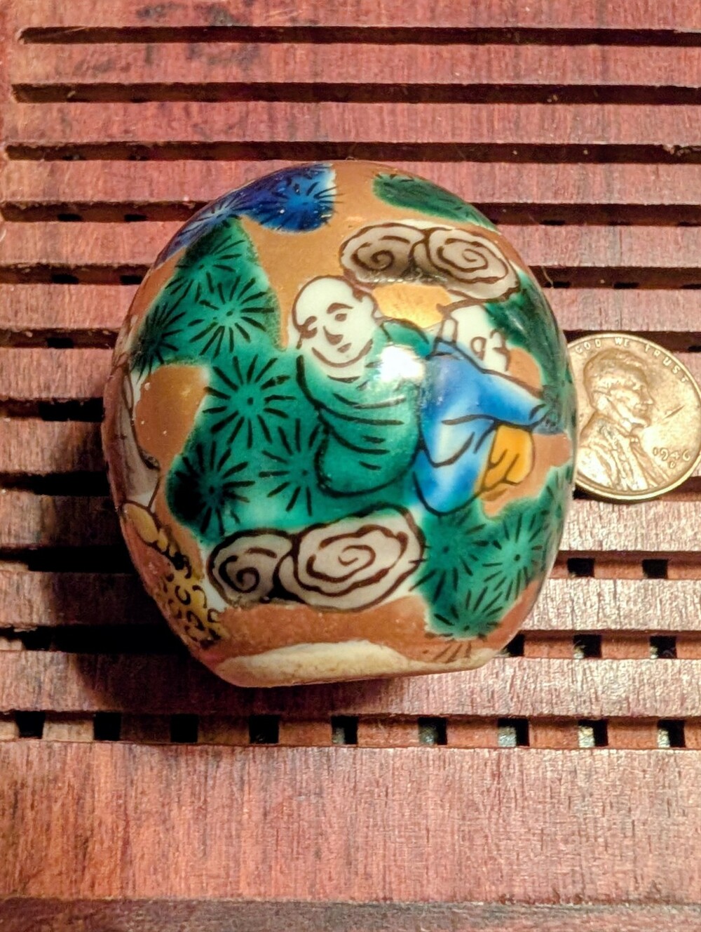 Vintage Hand-Painted Ceramic Satauma Bead in Green and Blue Signed